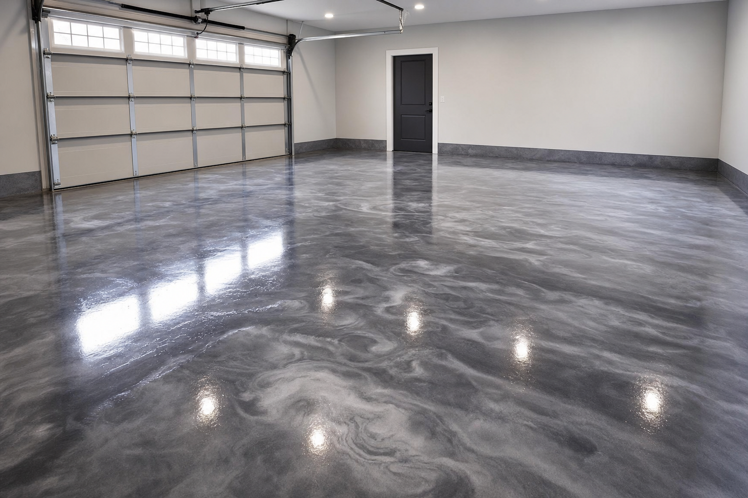 Glossy metallic epoxy-coated garage floor